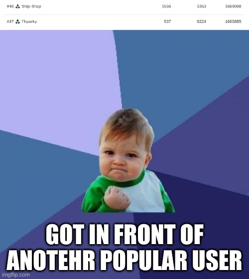 No hard feelings Thparky | GOT IN FRONT OF ANOTEHR POPULAR USER | image tagged in memes,success kid | made w/ Imgflip meme maker