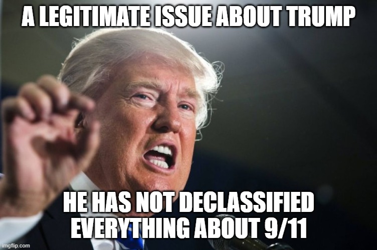 Legitimate issue with Trump | A LEGITIMATE ISSUE ABOUT TRUMP; HE HAS NOT DECLASSIFIED EVERYTHING ABOUT 9/11 | image tagged in donald trump,9/11,issue | made w/ Imgflip meme maker