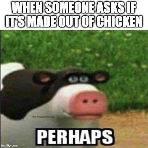 Perhaps Cow | WHEN SOMEONE ASKS IF IT'S MADE OUT OF CHICKEN | image tagged in perhaps cow | made w/ Imgflip meme maker