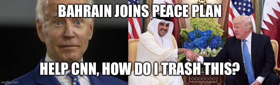 Peace Plan gets Bahrain support | BAHRAIN JOINS PEACE PLAN; HELP CNN, HOW DO I TRASH THIS? | image tagged in really,peace,cnn fake news,trump | made w/ Imgflip meme maker