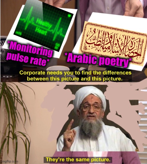Honestly saying, the pure wisdom going at beat. |  *Monitoring pulse rate*; *Arabic poetry* | image tagged in memes,they're the same picture,my heart,muslim advice,successful arab guy,mohammed | made w/ Imgflip meme maker