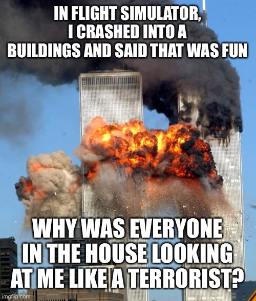 RIP twin towers | IN FLIGHT SIMULATOR, I CRASHED INTO A BUILDINGS AND SAID THAT WAS FUN; WHY WAS EVERYONE IN THE HOUSE LOOKING AT ME LIKE A TERRORIST? | image tagged in 9/11 | made w/ Imgflip meme maker