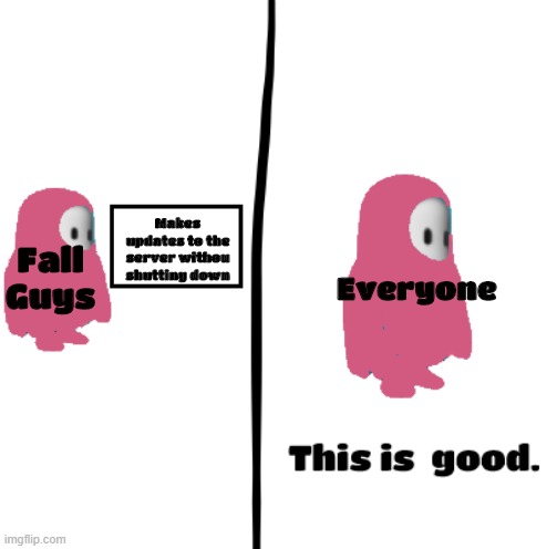 This is very good! | Makes updates to the server withou shutting down; Everyone; Fall Guys | image tagged in fall guys this is good | made w/ Imgflip meme maker