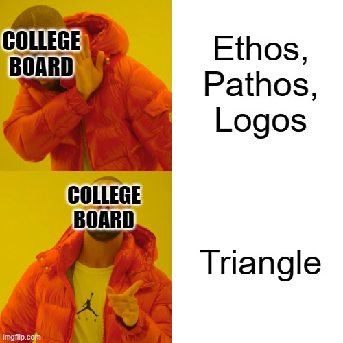 WHen your AP Lang teacher says "you know all the ethos, pathos, logos stuff you learned in AP World last year? Forget it" | Ethos, Pathos, Logos; COLLEGE BOARD; COLLEGE BOARD; Triangle | image tagged in memes,drake hotline bling,college board,ap lang | made w/ Imgflip meme maker