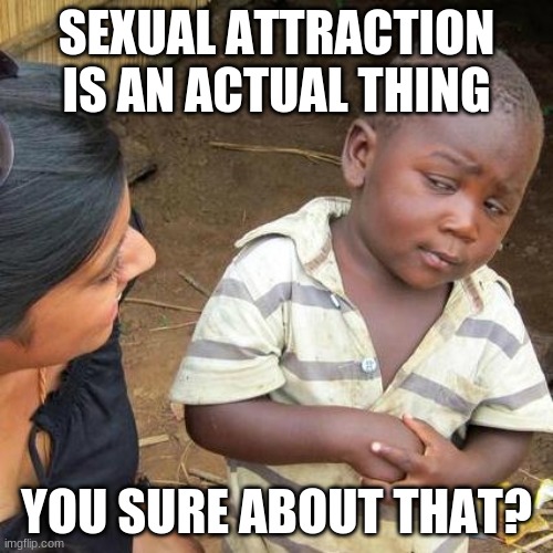 being ace be like |  SEXUAL ATTRACTION IS AN ACTUAL THING; YOU SURE ABOUT THAT? | image tagged in memes,third world skeptical kid | made w/ Imgflip meme maker