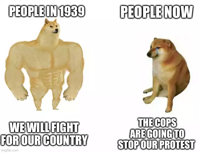 Buff Doge vs. Cheems Meme | PEOPLE NOW; PEOPLE IN 1939; WE WILL FIGHT FOR OUR COUNTRY; THE COPS ARE GOING TO STOP OUR PROTEST | image tagged in buff doge vs cheems | made w/ Imgflip meme maker