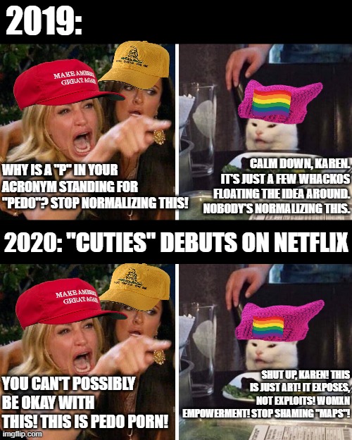 2019:; CALM DOWN, KAREN. IT'S JUST A FEW WHACKOS FLOATING THE IDEA AROUND. NOBODY'S NORMALIZING THIS. WHY IS A "P" IN YOUR ACRONYM STANDING FOR "PED0"? STOP NORMALIZING THIS! 2020: "CUTIES" DEBUTS ON NETFLIX; SHUT UP, KAREN! THIS IS JUST ART! IT EXPOSES, NOT EXPLOITS! WOMXN EMPOWERMENT! STOP SHAMING "MAPS"! YOU CAN'T POSSIBLY BE OKAY WITH THIS! THIS IS PED0 P0RN! | image tagged in smudge the cat | made w/ Imgflip meme maker