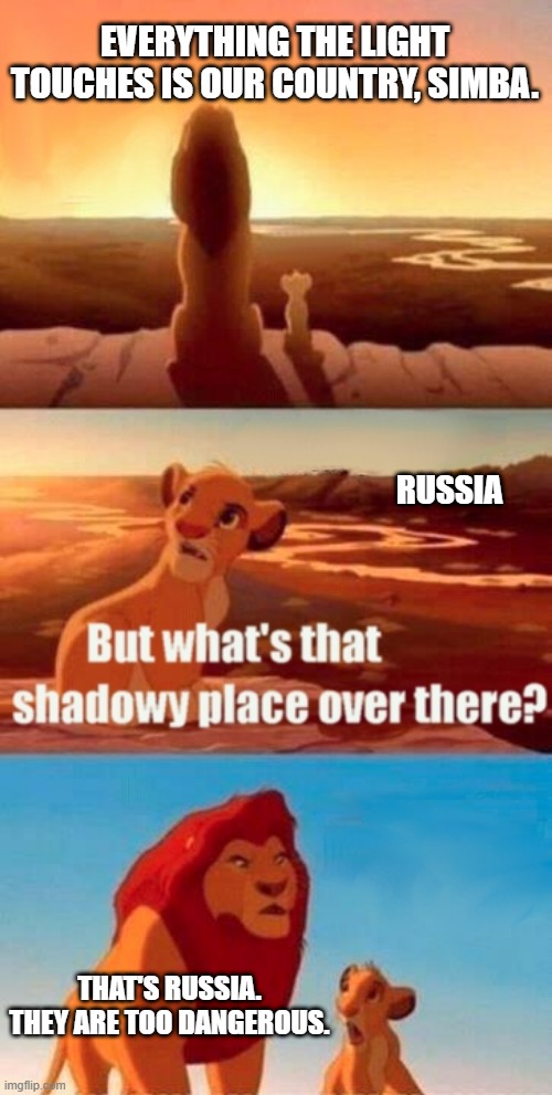 they too dangerous | EVERYTHING THE LIGHT TOUCHES IS OUR COUNTRY, SIMBA. RUSSIA; THAT'S RUSSIA. THEY ARE TOO DANGEROUS. | image tagged in memes,simba shadowy place | made w/ Imgflip meme maker