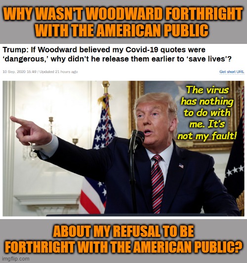 Woodward wasn't elected to lead the country and protects its citizenry. As it turns out, neither was Trump. | WHY WASN'T WOODWARD FORTHRIGHT WITH THE AMERICAN PUBLIC; The virus has nothing to do with me. It’s not my fault! ABOUT MY REFUSAL TO BE FORTHRIGHT WITH THE AMERICAN PUBLIC? | image tagged in memes,politics | made w/ Imgflip meme maker