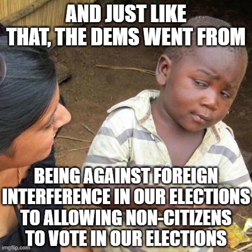It's why they REALLY want open boarders | AND JUST LIKE THAT, THE DEMS WENT FROM; BEING AGAINST FOREIGN
INTERFERENCE IN OUR ELECTIONS
TO ALLOWING NON-CITIZENS
TO VOTE IN OUR ELECTIONS | image tagged in third world skeptical kid,democrats,republicans,trump 2020,joe biden,election 2020 | made w/ Imgflip meme maker