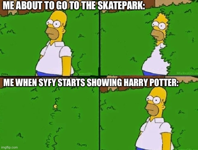 Homer bush | ME ABOUT TO GO TO THE SKATEPARK:; ME WHEN SYFY STARTS SHOWING HARRY POTTER: | image tagged in homer bush | made w/ Imgflip meme maker