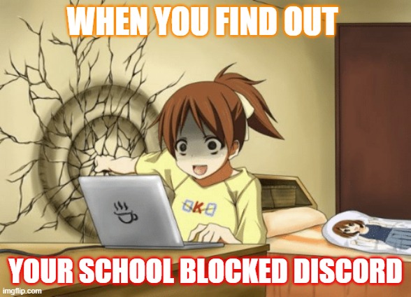 Anime wall punch | WHEN YOU FIND OUT; YOUR SCHOOL BLOCKED DISCORD | image tagged in anime wall punch | made w/ Imgflip meme maker