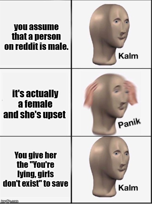 Reverse kalm panik | you assume that a person on reddit is male. it's actually a female and she's upset; You give her the "You're lying, girls don't exist" to save | image tagged in reverse kalm panik | made w/ Imgflip meme maker