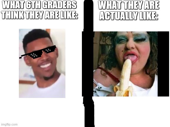Ah, good ol' 6th grade... | WHAT 6TH GRADERS THINK THEY ARE LIKE:; WHAT THEY ARE ACTUALLY LIKE: | image tagged in school,i ran out of tag ideas lol | made w/ Imgflip meme maker