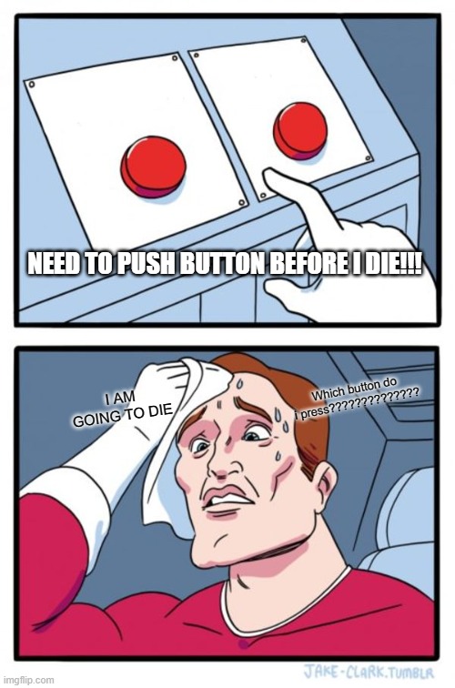 Two Buttons | NEED TO PUSH BUTTON BEFORE I DIE!!! Which button do i press?????????????? I AM GOING TO DIE | image tagged in memes,two buttons | made w/ Imgflip meme maker
