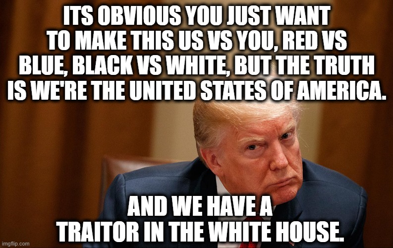 He's a PROVEN Traitor | ITS OBVIOUS YOU JUST WANT TO MAKE THIS US VS YOU, RED VS BLUE, BLACK VS WHITE, BUT THE TRUTH IS WE'RE THE UNITED STATES OF AMERICA. AND WE HAVE A TRAITOR IN THE WHITE HOUSE. | image tagged in donald trump,traitor,trump supporters,united states of america,9/11,white house | made w/ Imgflip meme maker