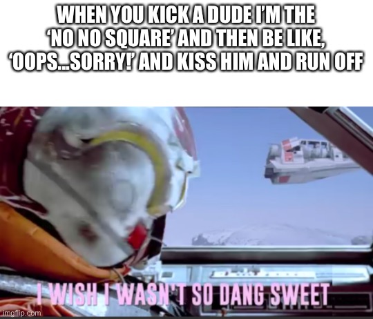 I wish I wasn't so dang sweet | WHEN YOU KICK A DUDE I’M THE ‘NO NO SQUARE’ AND THEN BE LIKE, ‘OOPS...SORRY!’ AND KISS HIM AND RUN OFF | image tagged in i wish i wasn't so dang sweet | made w/ Imgflip meme maker