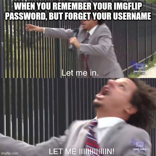 Literally me everyday | WHEN YOU REMEMBER YOUR IMGFLIP PASSWORD BUT FORGET YOUR USERNAME | image tagged in let me in | made w/ Imgflip meme maker