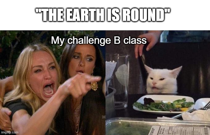 Challenge B debate | "THE EARTH IS ROUND"; My challenge B class | image tagged in memes,woman yelling at cat,homeschool,debate | made w/ Imgflip meme maker