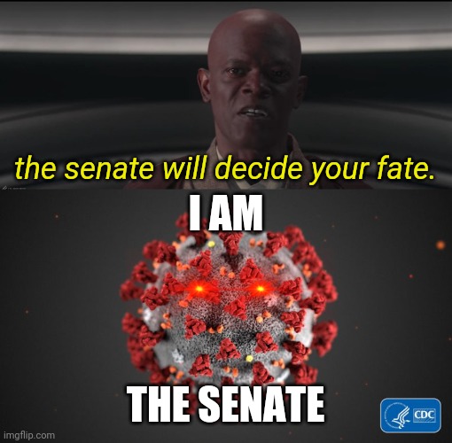 the senate will decide your fate. I AM; THE SENATE | image tagged in covid 19,i am the senate,coronavirus,covid-19,memes,funny not funny | made w/ Imgflip meme maker