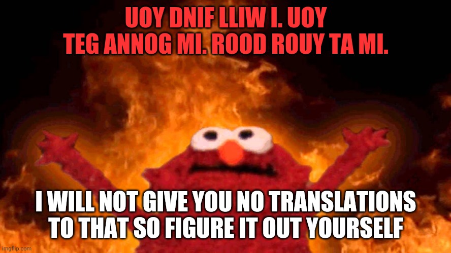 elmo fire | UOY DNIF LLIW I. UOY TEG ANNOG MI. ROOD ROUY TA MI. I WILL NOT GIVE YOU NO TRANSLATIONS TO THAT SO FIGURE IT OUT YOURSELF | image tagged in elmo fire | made w/ Imgflip meme maker