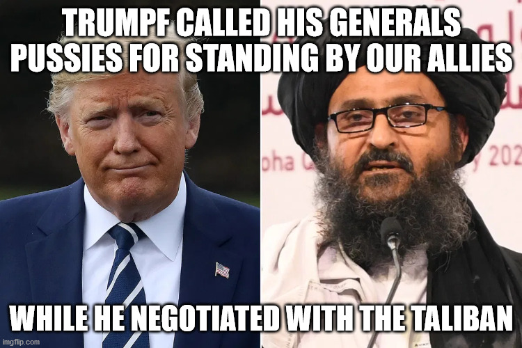 Just part of tRUMPf's long history of insulting the military.  He knows nothing about the spirit of self sacrafice | TRUMPF CALLED HIS GENERALS PUSSIES FOR STANDING BY OUR ALLIES; WHILE HE NEGOTIATED WITH THE TALIBAN | image tagged in trump traitor,trump,taliban,general mattis | made w/ Imgflip meme maker