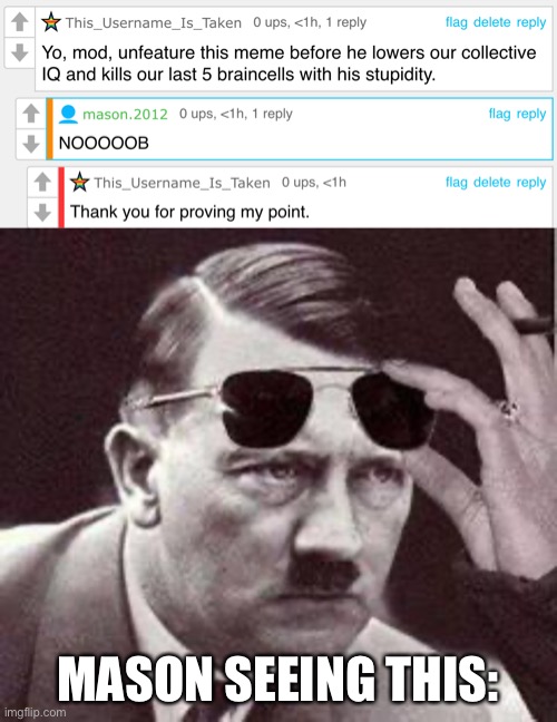 your ruining our IQ | MASON SEEING THIS: | image tagged in hitler sunglasses | made w/ Imgflip meme maker