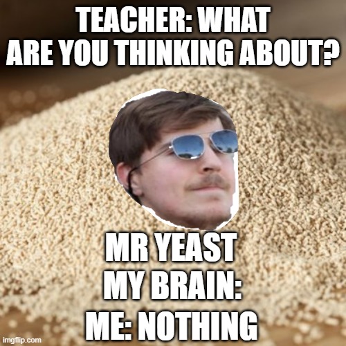 I had To | TEACHER: WHAT ARE YOU THINKING ABOUT? MR YEAST; MY BRAIN:; ME: NOTHING | image tagged in funny,celebrity,food | made w/ Imgflip meme maker
