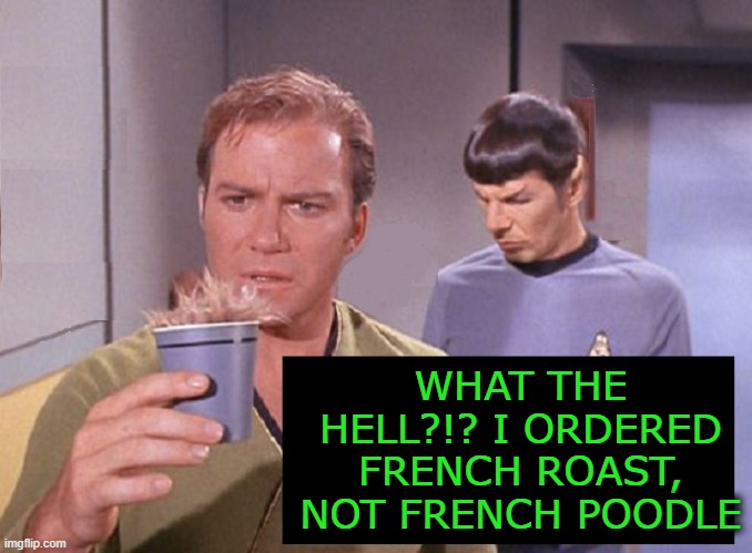 Replicators Gone Rogue! | WHAT THE HELL?!? I ORDERED FRENCH ROAST, NOT FRENCH POODLE | image tagged in star trek,memes,funny memes,funny,mxm | made w/ Imgflip meme maker