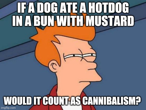 Futurama Fry | IF A DOG ATE A HOTDOG IN A BUN WITH MUSTARD; WOULD IT COUNT AS CANNIBALISM? | image tagged in memes,futurama fry | made w/ Imgflip meme maker