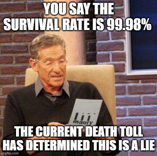 covid survival lie | YOU SAY THE SURVIVAL RATE IS 99.98%; THE CURRENT DEATH TOLL HAS DETERMINED THIS IS A LIE | image tagged in memes,maury lie detector,covid | made w/ Imgflip meme maker