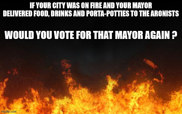 fire | IF YOUR CITY WAS ON FIRE AND YOUR MAYOR DELIVERED FOOD, DRINKS AND PORTA-POTTIES TO THE ARONISTS; WOULD YOU VOTE FOR THAT MAYOR AGAIN ? | image tagged in fire | made w/ Imgflip meme maker