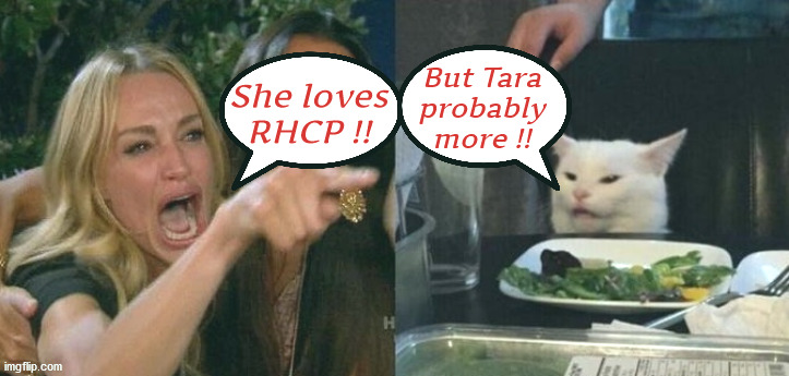 "Heavy Metal Fans for Heavy Metal Group's" on Fb. | But Tara
probably
more !! She loves
RHCP !! | image tagged in woman yelling at smudge the cat,heavy metal,smudge | made w/ Imgflip meme maker