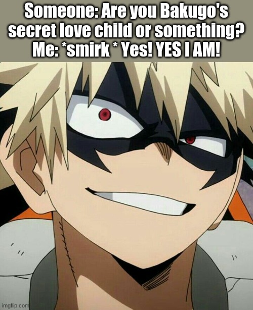 *explosive laughter* | Someone: Are you Bakugo's secret love child or something?
Me: *smirk * Yes! YES I AM! | made w/ Imgflip meme maker