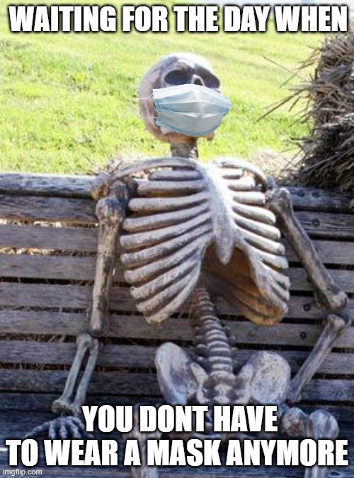 Waiting Skeleton | WAITING FOR THE DAY WHEN; YOU DONT HAVE TO WEAR A MASK ANYMORE | image tagged in memes,waiting skeleton | made w/ Imgflip meme maker