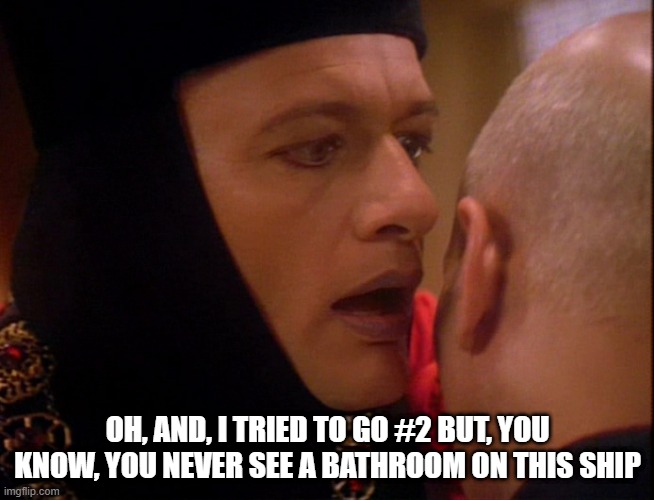 Missed the Pot | OH, AND, I TRIED TO GO #2 BUT, YOU KNOW, YOU NEVER SEE A BATHROOM ON THIS SHIP | image tagged in q star trek whisper | made w/ Imgflip meme maker