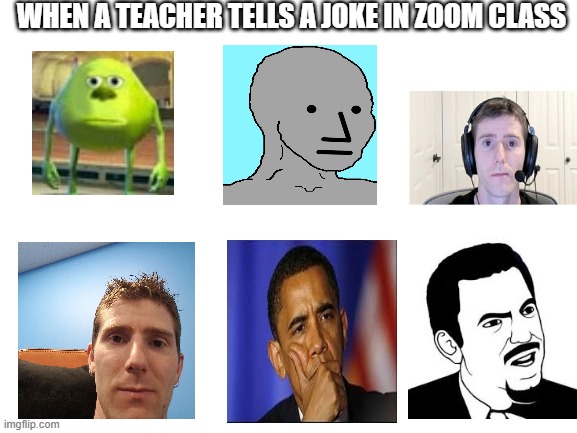 so true | WHEN A TEACHER TELLS A JOKE IN ZOOM CLASS | image tagged in blank white template,memes,funny memes | made w/ Imgflip meme maker