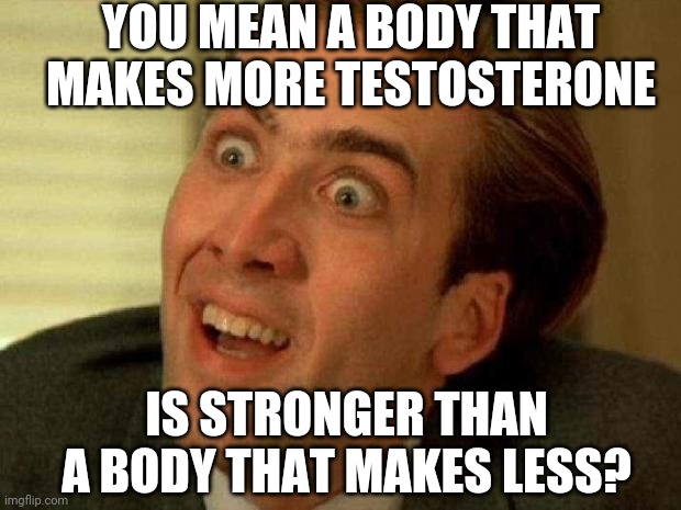 Nicolas cage | YOU MEAN A BODY THAT MAKES MORE TESTOSTERONE IS STRONGER THAN A BODY THAT MAKES LESS? | image tagged in nicolas cage | made w/ Imgflip meme maker