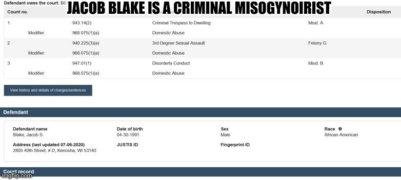 Jacob Blake is a criminal misogynoirist | JACOB BLAKE IS A CRIMINAL MISOGYNOIRIST | image tagged in womanism,black feminism,blackwomenslivesmatter,politics,political,addressingevilisnotracist | made w/ Imgflip meme maker