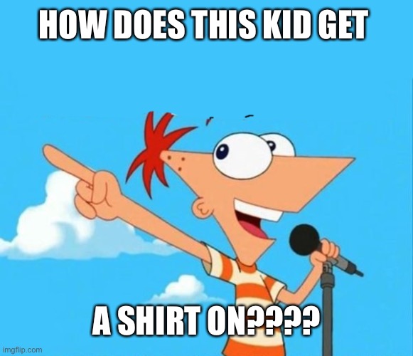 Phineas head is a Dorito | HOW DOES THIS KID GET; A SHIRT ON???? | image tagged in phineas and ferb,memes | made w/ Imgflip meme maker