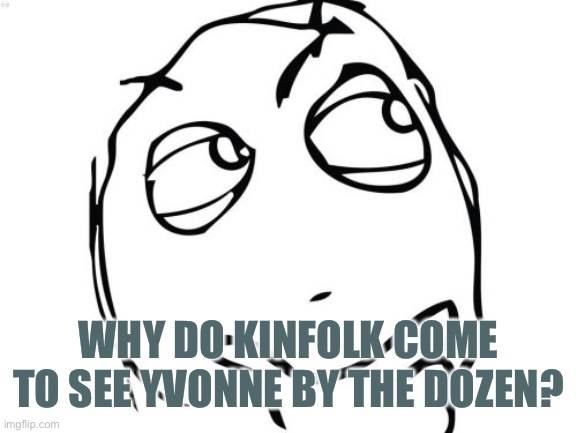 Hmmm... | WHY DO KINFOLK COME TO SEE YVONNE BY THE DOZEN? | image tagged in memes,question rage face | made w/ Imgflip meme maker
