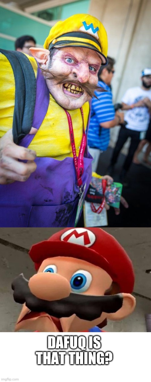 REALISTIC WARIO | DAFUQ IS THAT THING? | image tagged in mario wtf,wario,super mario bros,cosplay | made w/ Imgflip meme maker