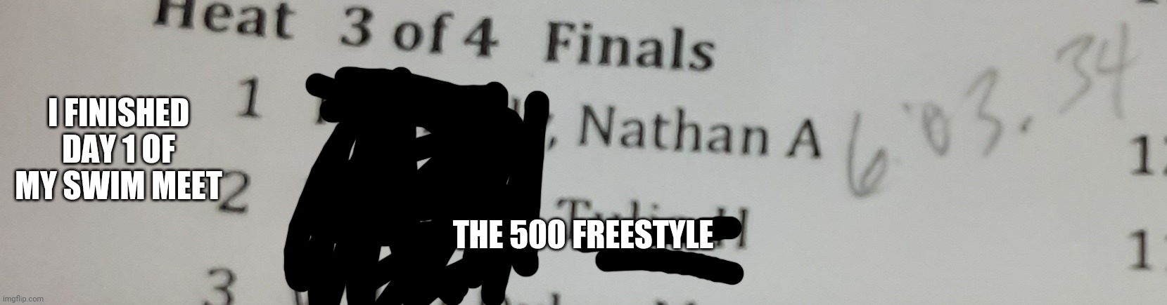 Today was tough |  I FINISHED DAY 1 OF MY SWIM MEET; THE 500 FREESTYLE | image tagged in memes,swimming,results | made w/ Imgflip meme maker