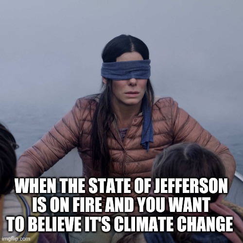 Bird Box | WHEN THE STATE OF JEFFERSON IS ON FIRE AND YOU WANT TO BELIEVE IT'S CLIMATE CHANGE | image tagged in memes,bird box | made w/ Imgflip meme maker