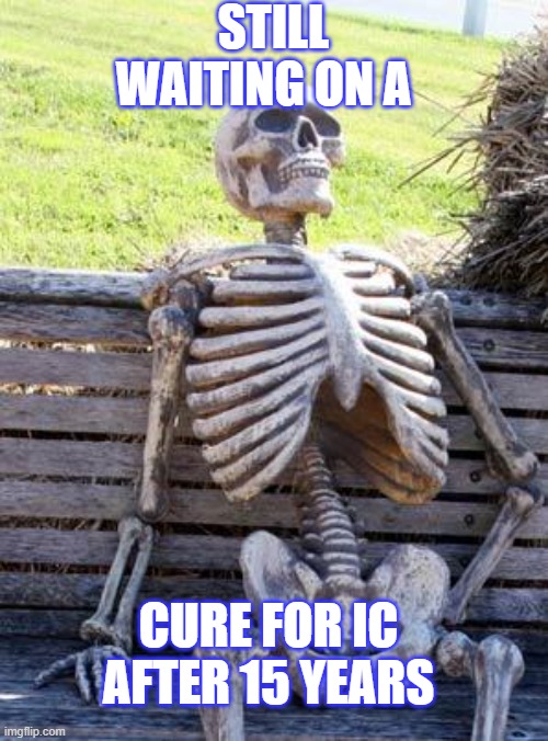 Waiting on a Cure |  STILL WAITING ON A; CURE FOR IC AFTER 15 YEARS | image tagged in memes,waiting skeleton | made w/ Imgflip meme maker