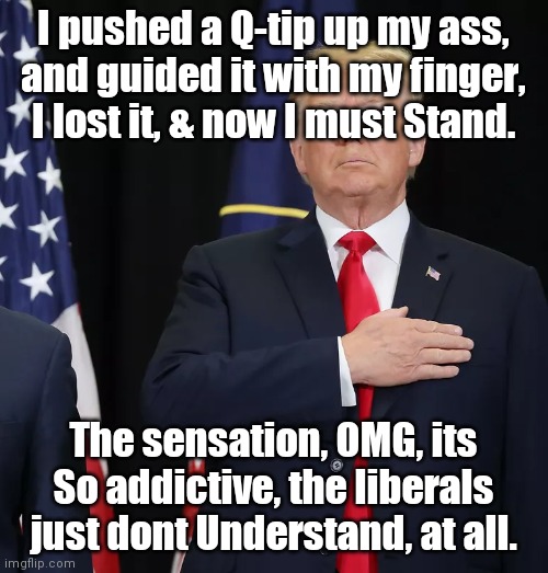 Trump Pledge of Allegiance | I pushed a Q-tip up my ass, and guided it with my finger, I lost it, & now I must Stand. The sensation, OMG, its So addictive, the liberals just dont Understand, at all. | image tagged in trump pledge of allegiance | made w/ Imgflip meme maker