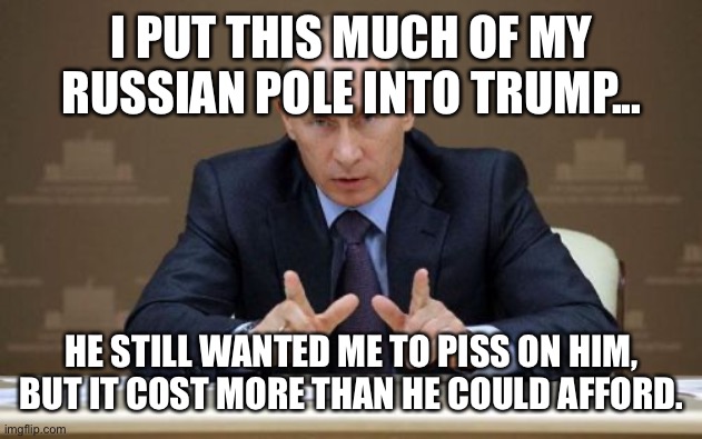 Putin penetration | I PUT THIS MUCH OF MY RUSSIAN POLE INTO TRUMP... HE STILL WANTED ME TO PISS ON HIM, BUT IT COST MORE THAN HE COULD AFFORD. | image tagged in memes,vladimir putin | made w/ Imgflip meme maker