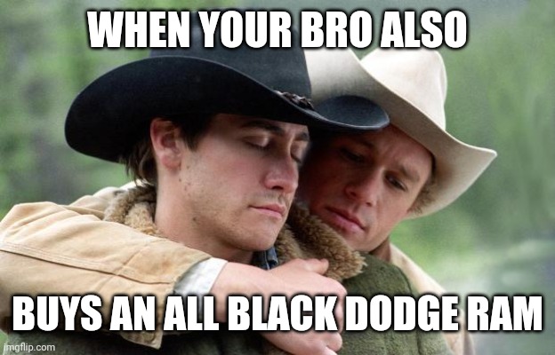 Brokeback Mountain | WHEN YOUR BRO ALSO; BUYS AN ALL BLACK DODGE RAM | image tagged in brokeback mountain | made w/ Imgflip meme maker