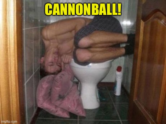 Sleeping on toilet | CANNONBALL! | image tagged in sleeping on toilet | made w/ Imgflip meme maker
