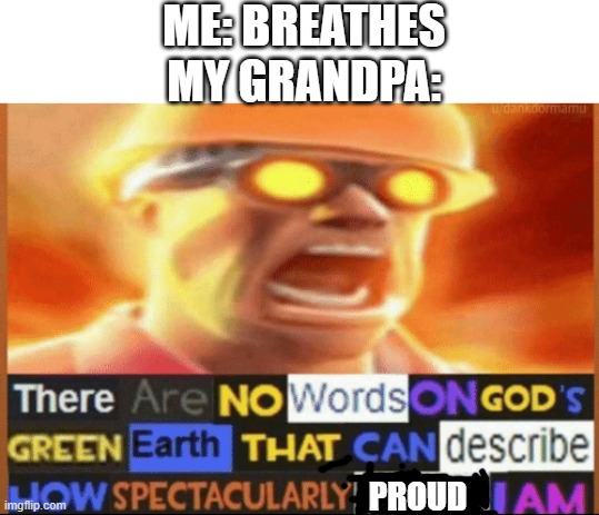 there are no words on god's green earth | ME: BREATHES
MY GRANDPA:; PROUD | image tagged in there are no words on god's green earth | made w/ Imgflip meme maker